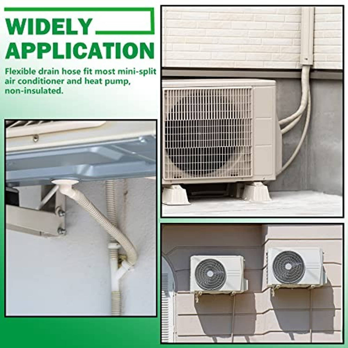 Beige corrugated drain hose connected to an outdoor mini-split unit.