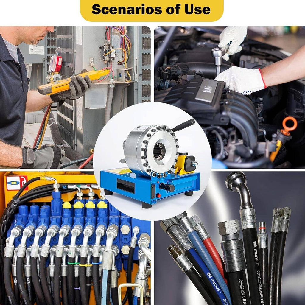 Hydraulic hose crimping setup with crimper machine and bundled metal hoses