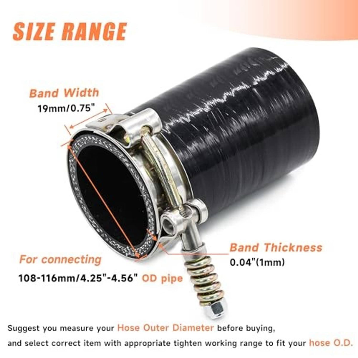 T-bolt hose clamp on black hose sleeve with adjustable band and bolt