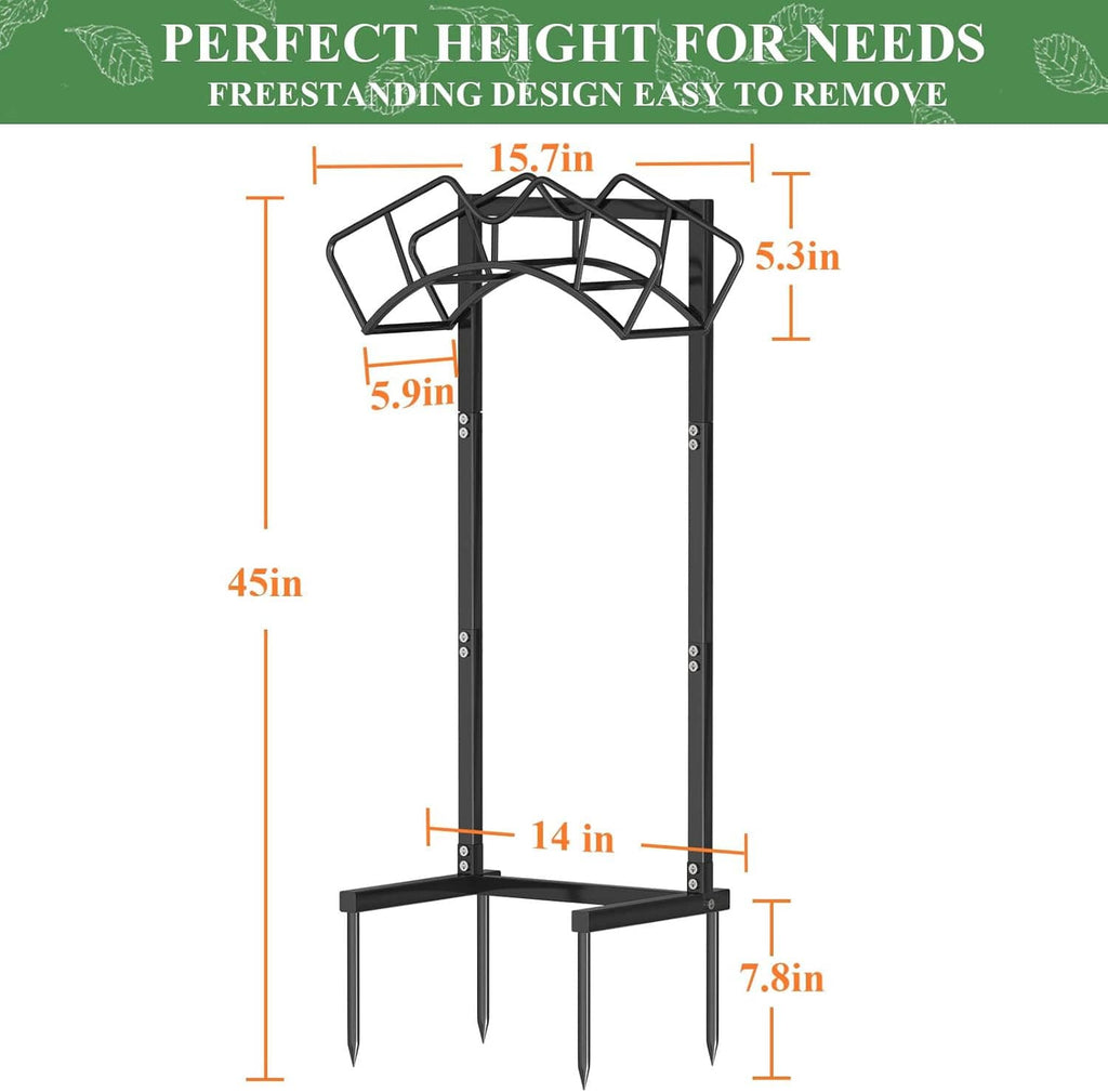 Black freestanding garden hose holder stand with arched top frame and spikes