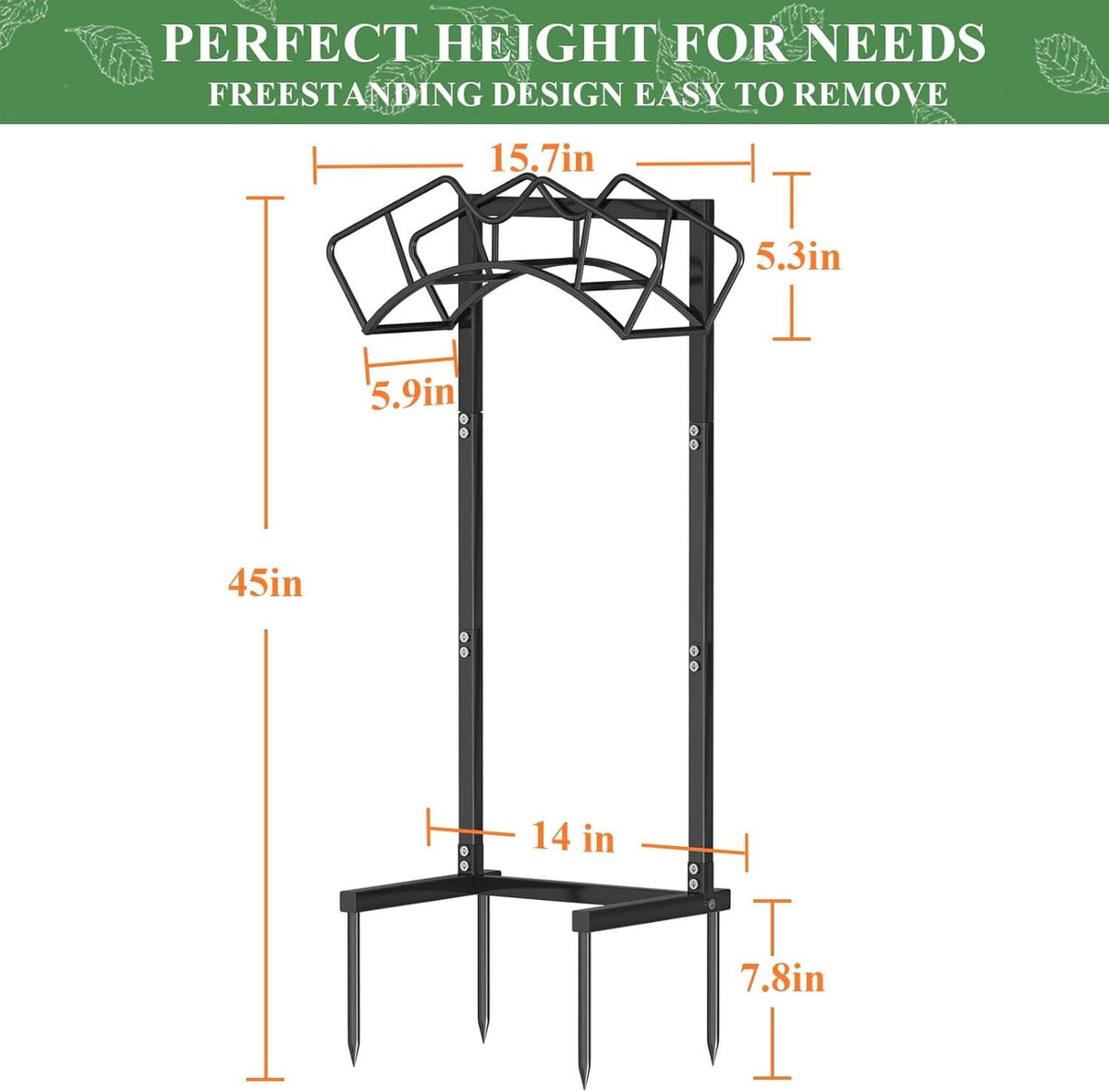 Black freestanding garden hose holder stand with arched top frame and spikes