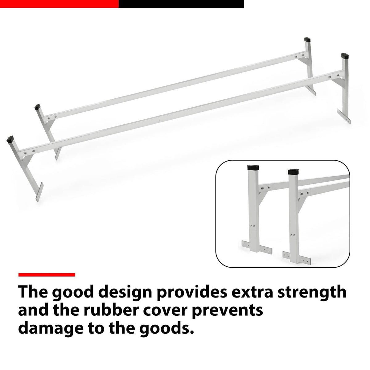 Adjustable ladder rack bracket with wide top bar, two mounting frames, black rubber caps