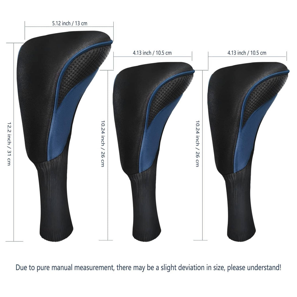3-piece golf wood head cover set, black with blue trim, tapered fairway style