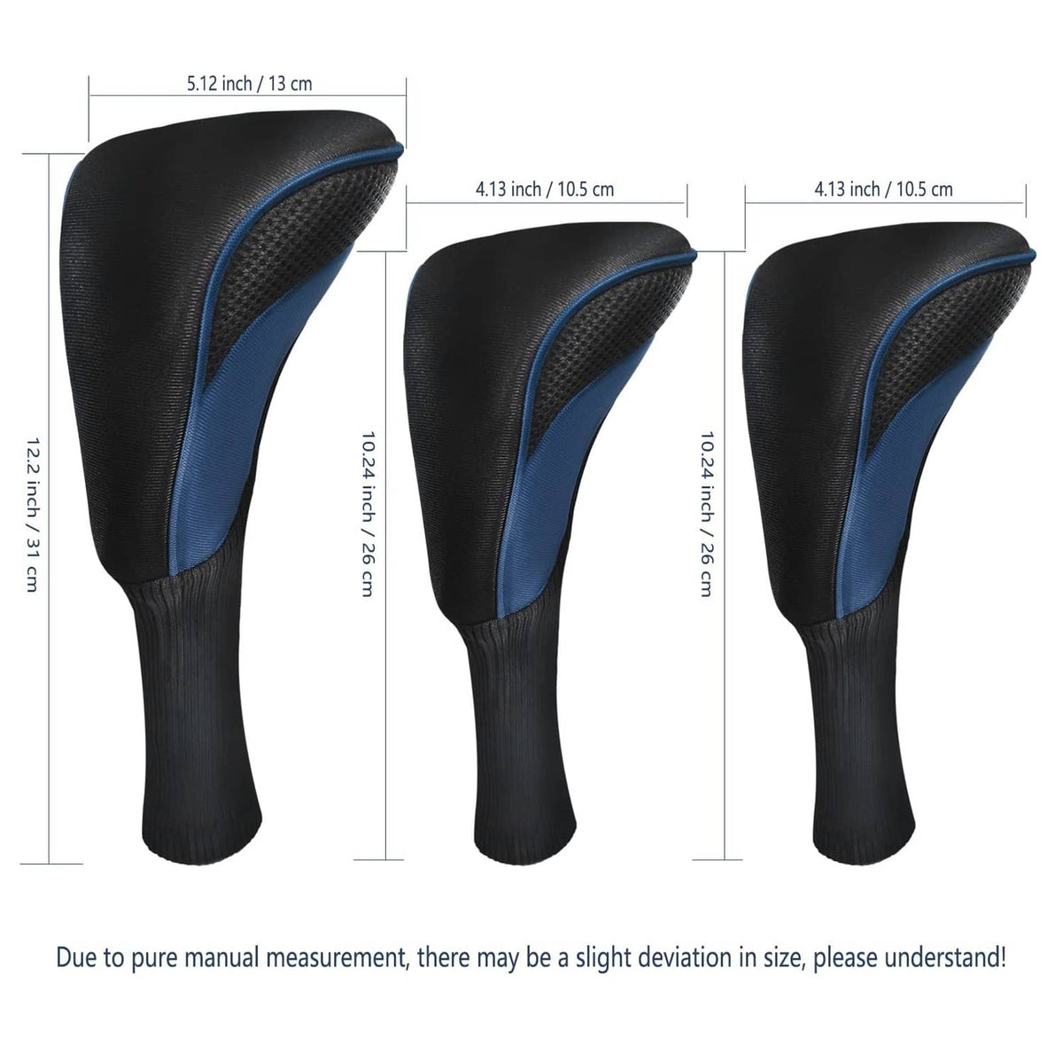 3-piece golf wood head cover set, black with blue trim, tapered fairway style