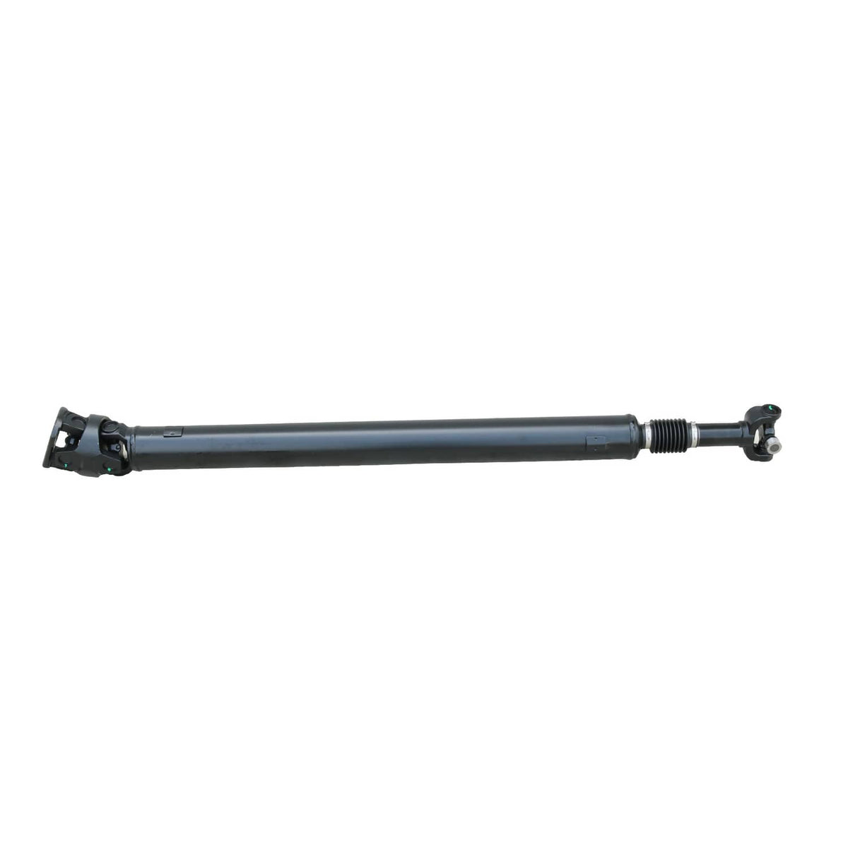 Rear driveshaft with u-joint yokes and threaded spline section, dark steel
