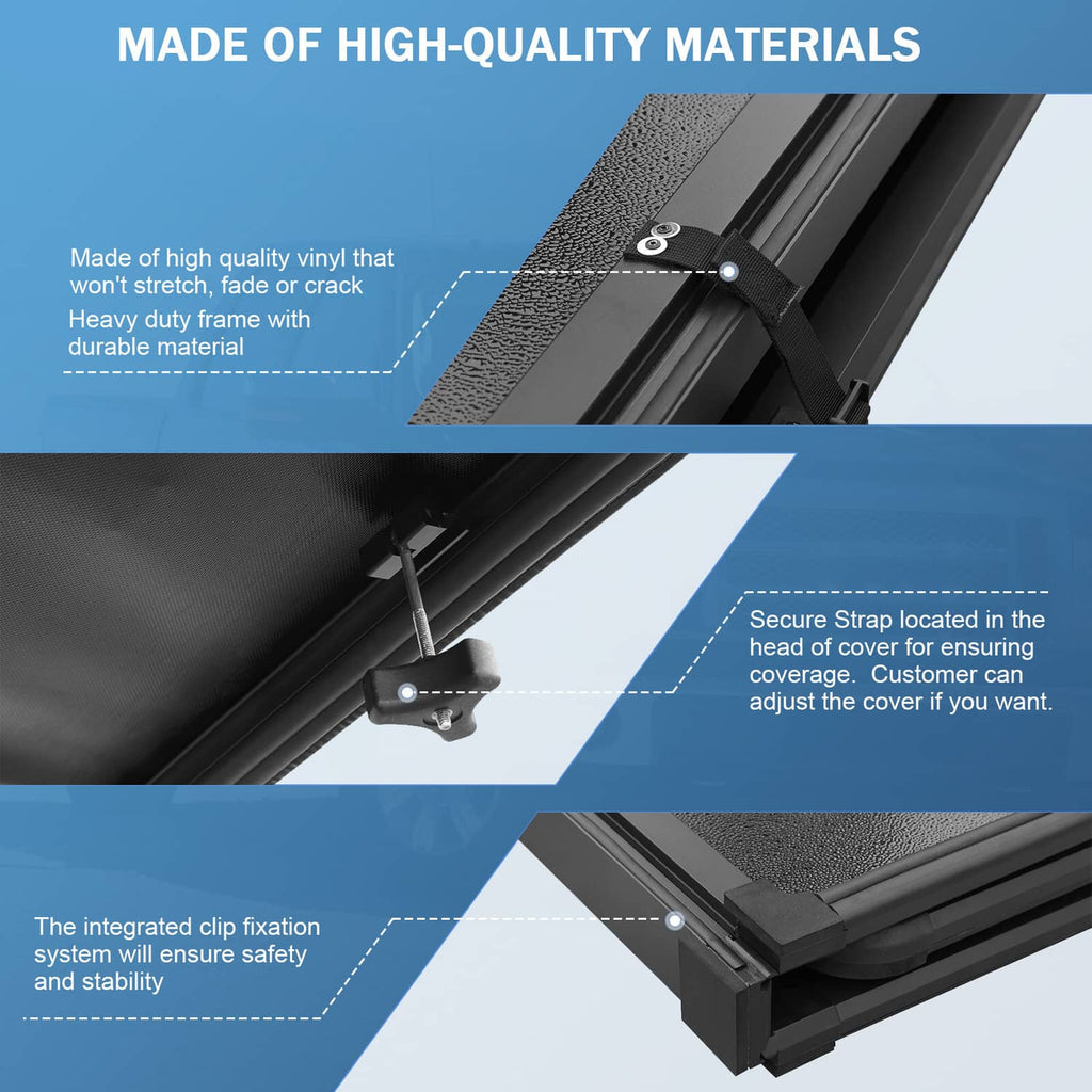 Hard tri-fold tonneau cover close-up of textured frame and fastening hardware