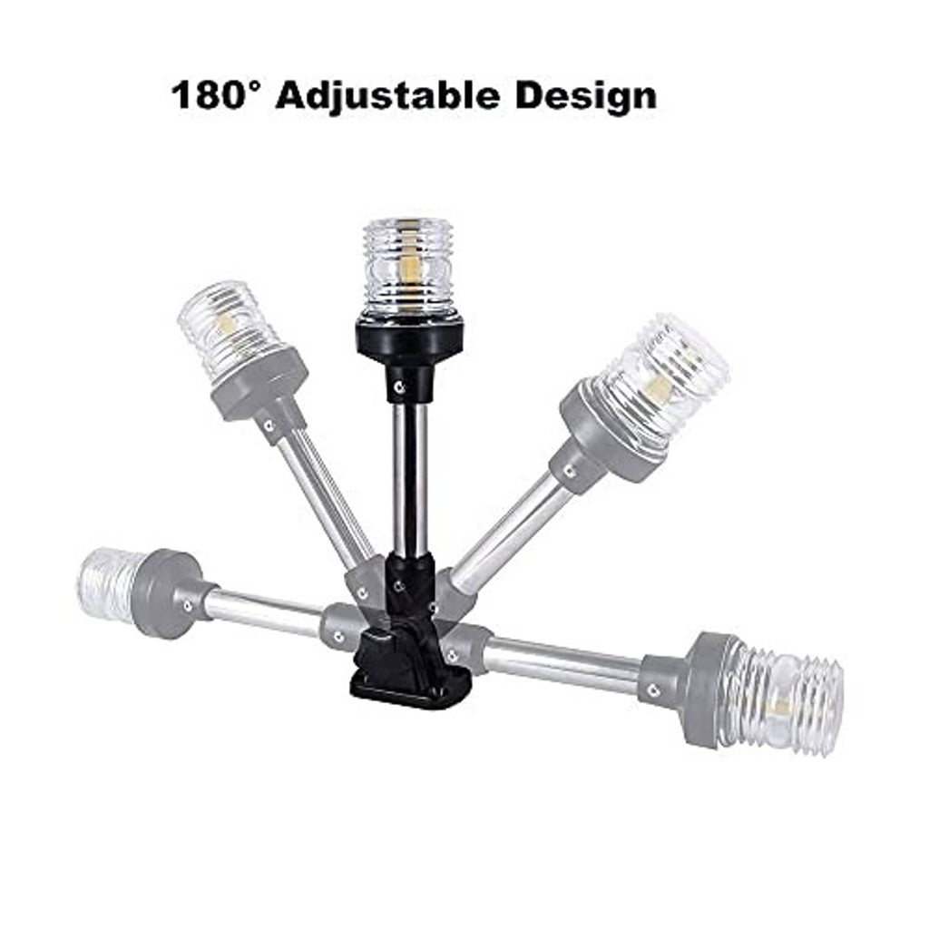 Adjustable fold-down LED boat light with four pivot positions and clear lamp heads