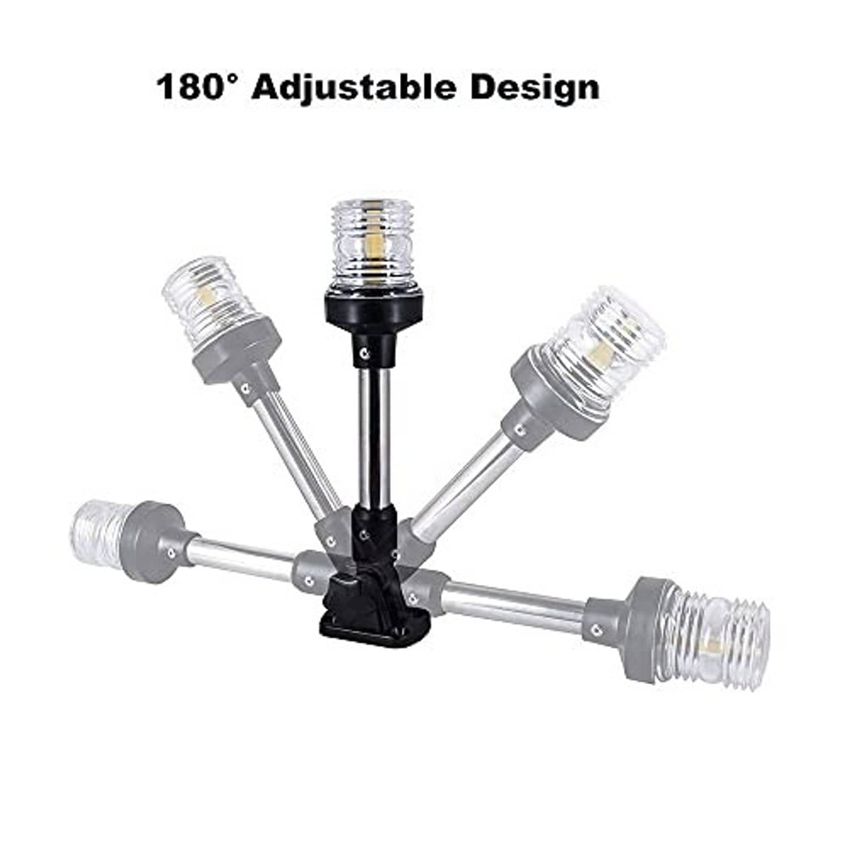 Adjustable fold-down LED boat light with four pivot positions and clear lamp heads