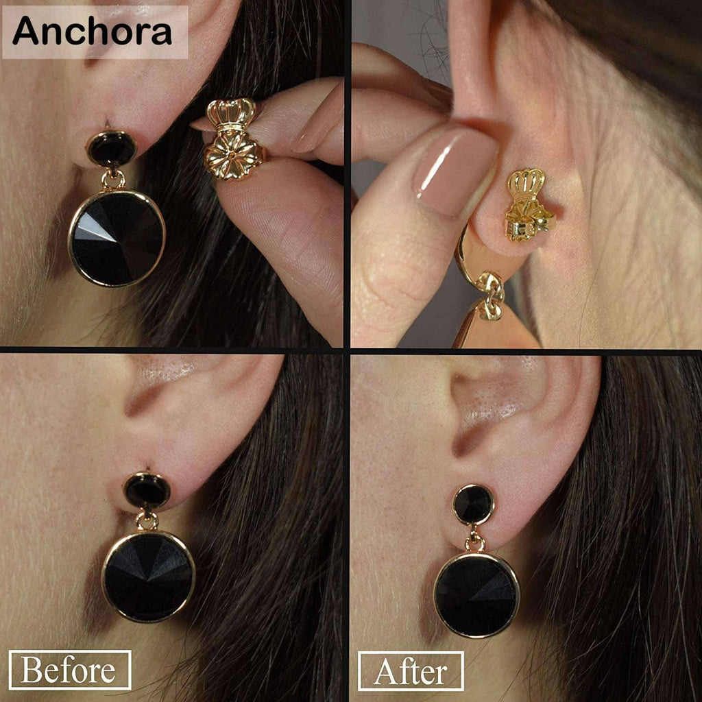 Gold earring back clip applied to an ear, with before-and-after views