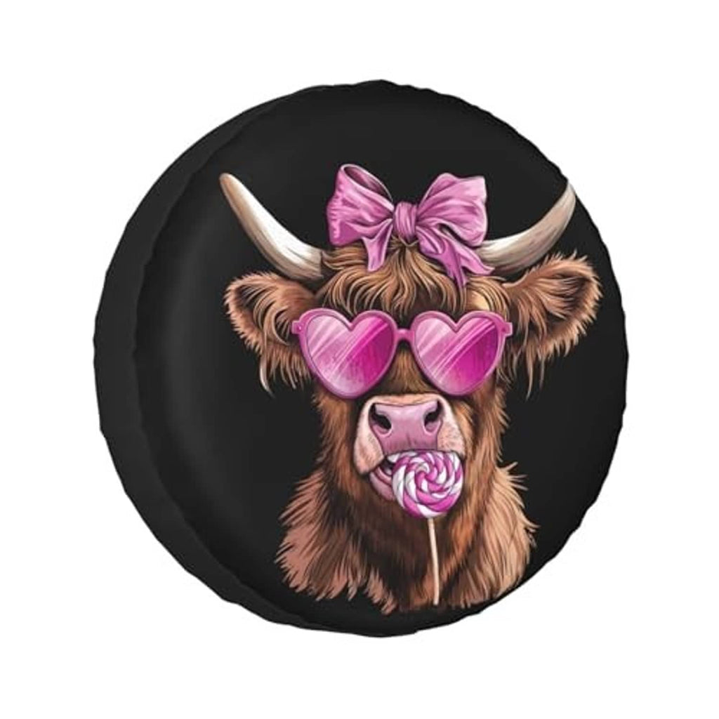 Round black spare tire cover featuring Highland cow face with pink bow, heart glasses, lollipop