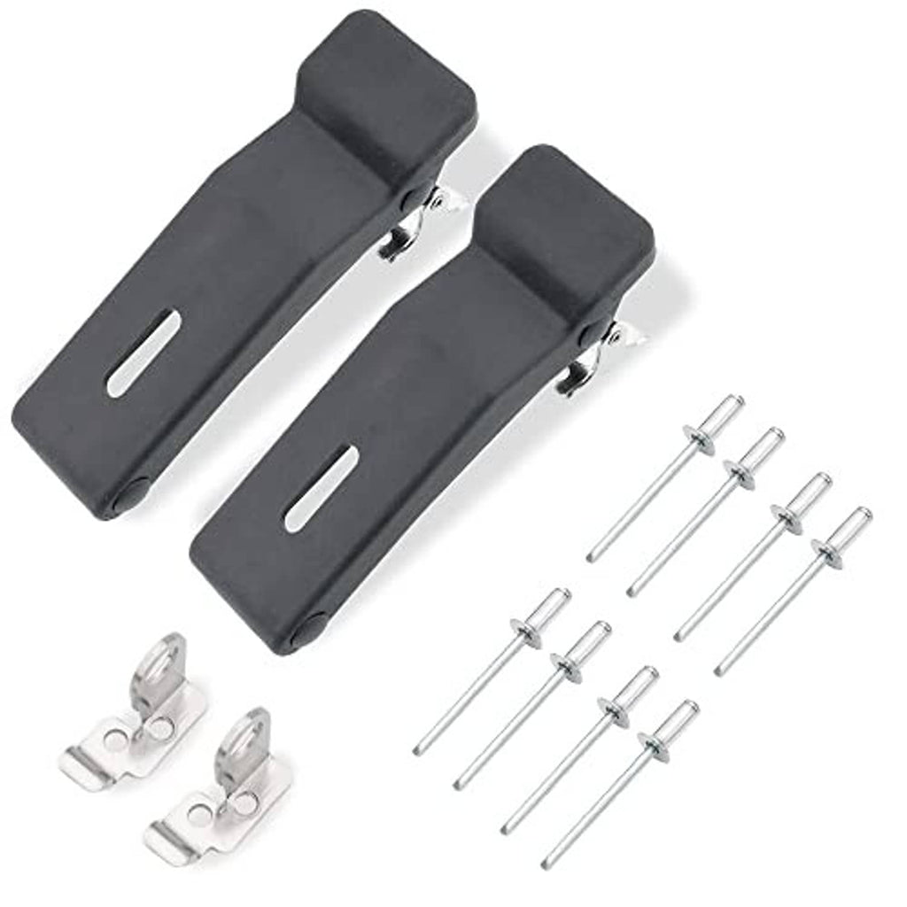 Two-piece black draw latch set with metal base, mounting clips, and screws