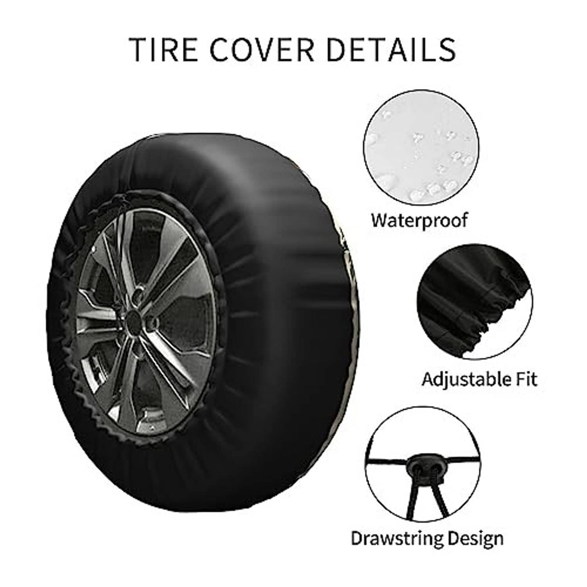 Black waterproof spare tire cover with adjustable fit and drawstring design