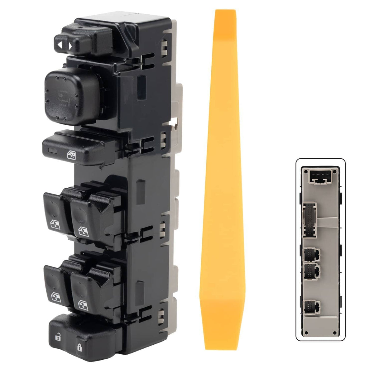 Power window switch with connector panel and side view ports, black and gray.