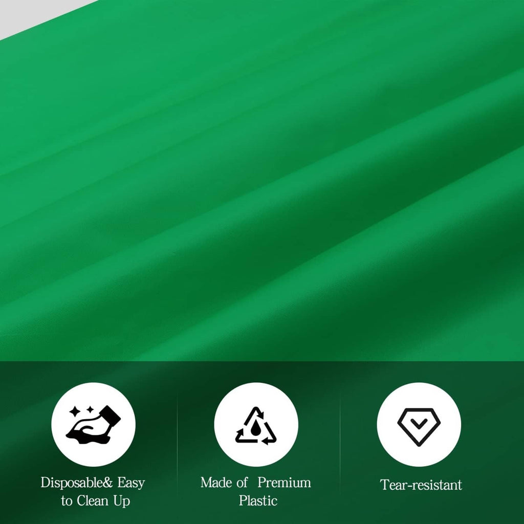 Green plastic tablecloth close-up with smooth surface and tear-resistant icon