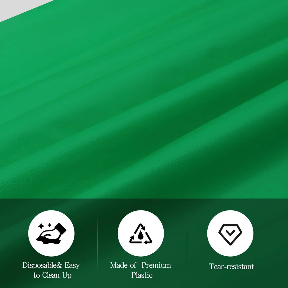 Green plastic tablecloth close-up with smooth surface and tear-resistant icon