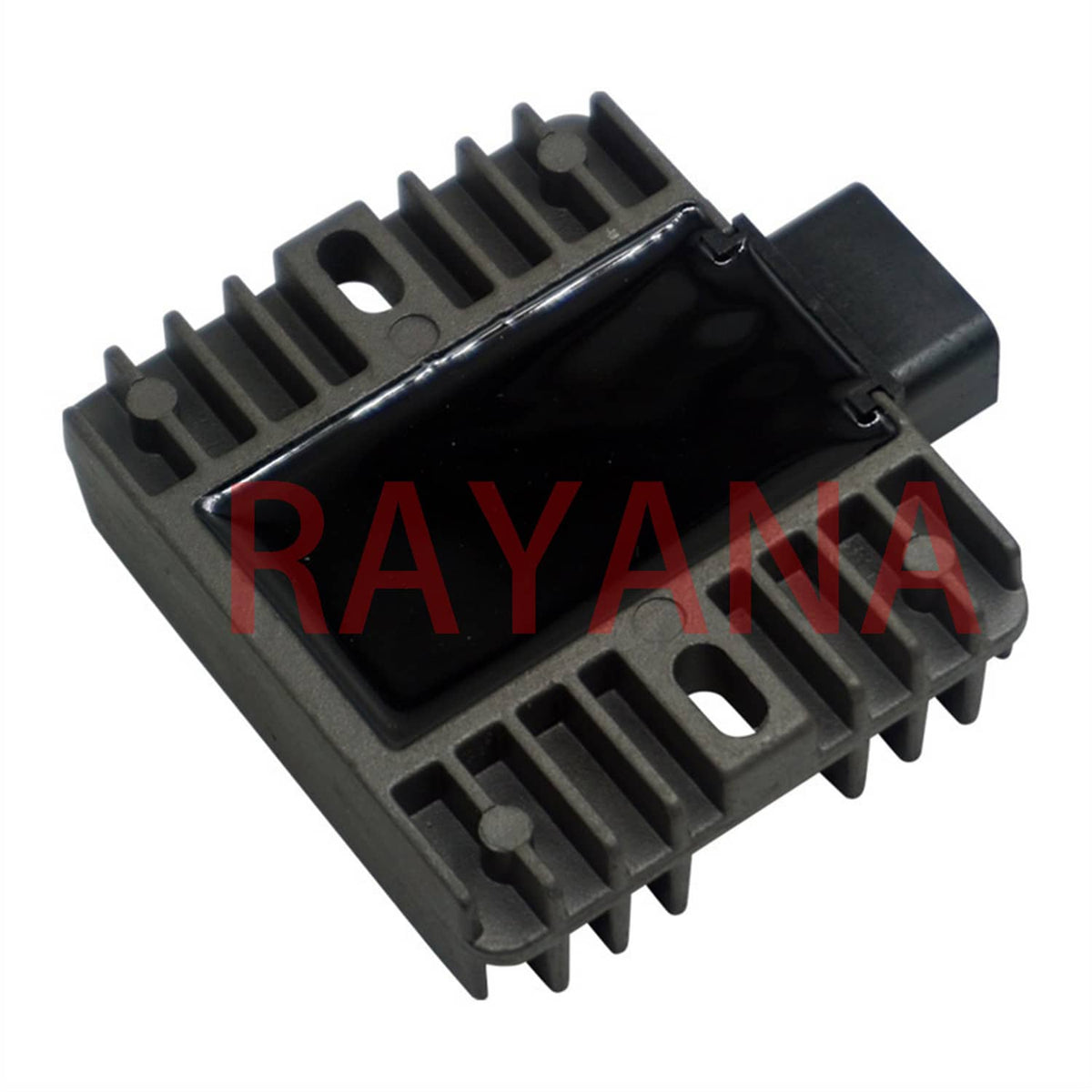 Black voltage regulator rectifier with finned body and 4-pin connector