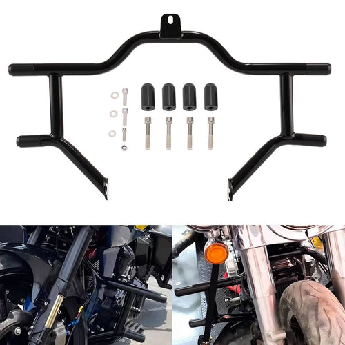 Front engine guard crash bar in black steel with mounting brackets and hardware