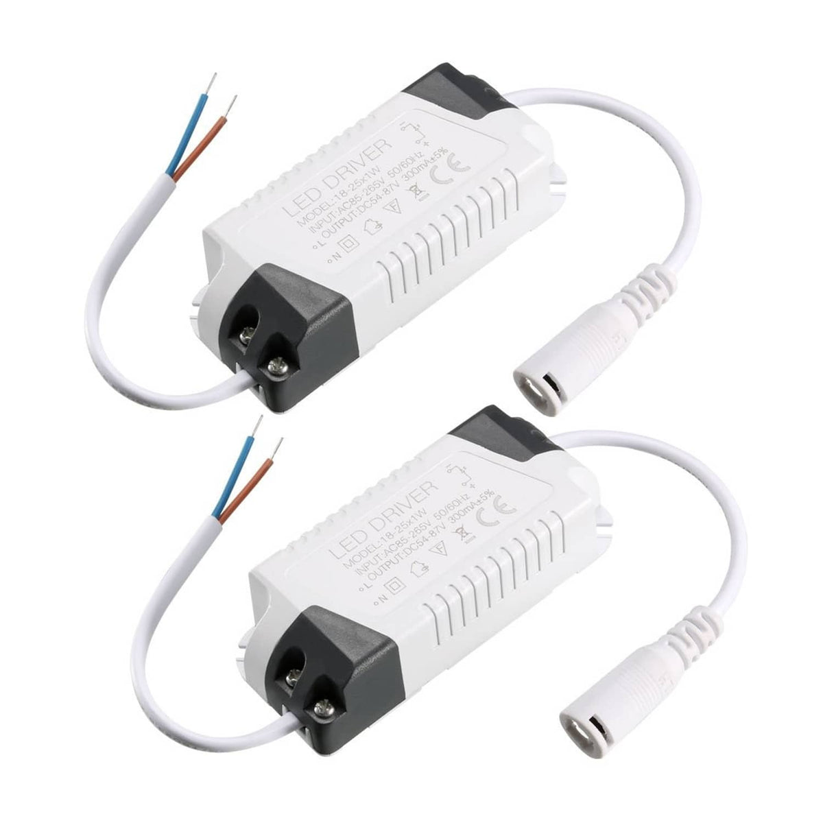 White LED driver modules with black terminal blocks, blue and white wire leads