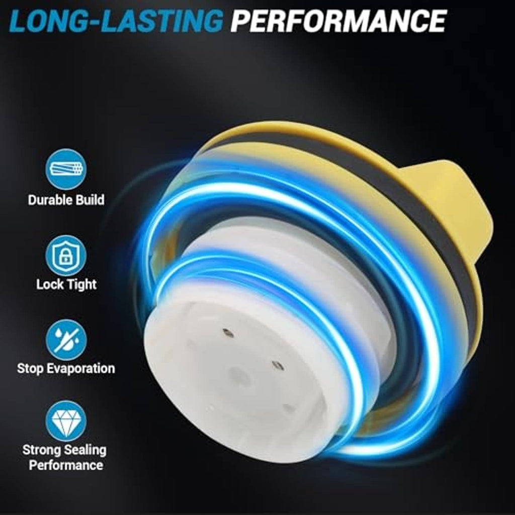 Yellow fuel tank gas cap with white seal insert and black tether loop
