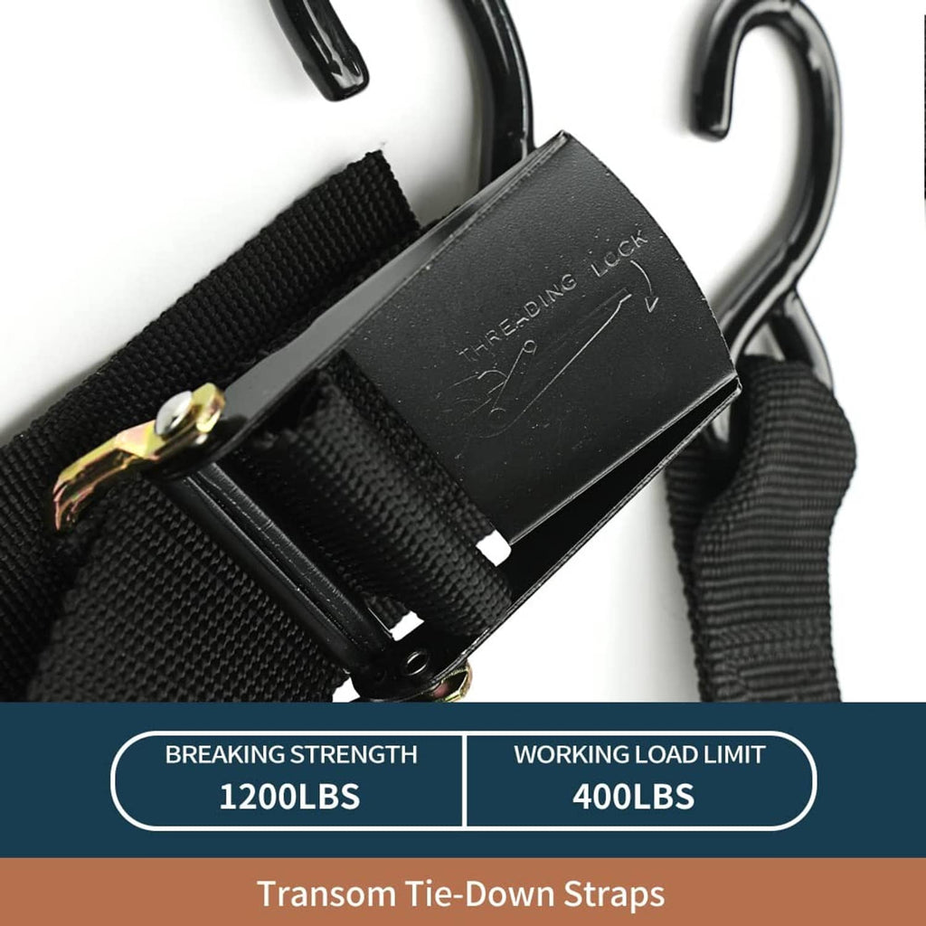 Close-up of black transom tie-down strap with metal clamp and S-hook
