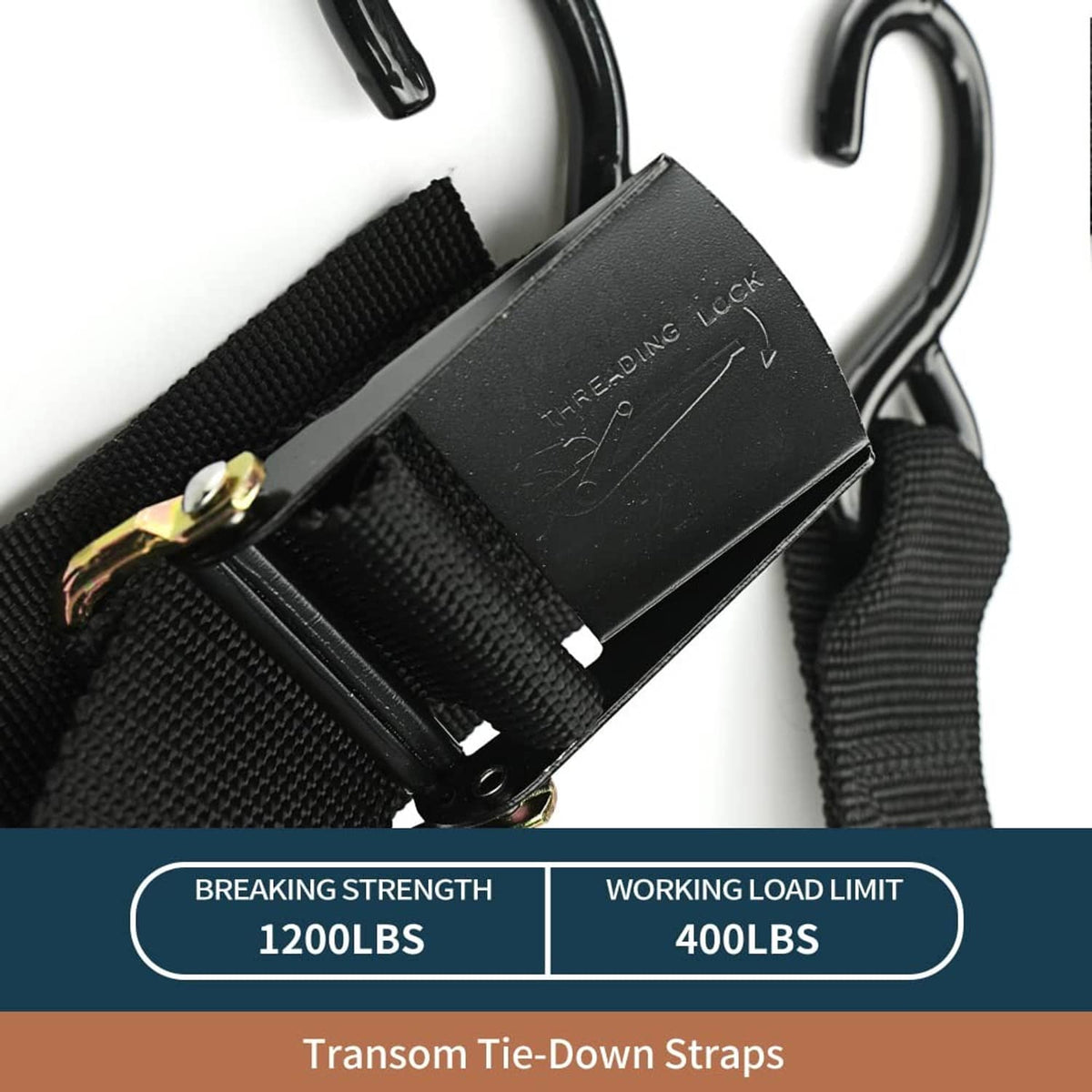 Close-up of black transom tie-down strap with metal clamp and S-hook