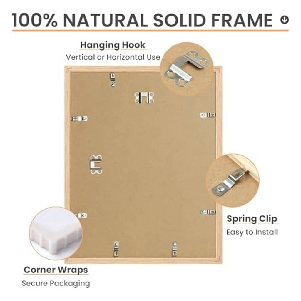 Natural solid wood picture frame back with hanging hook and spring clip