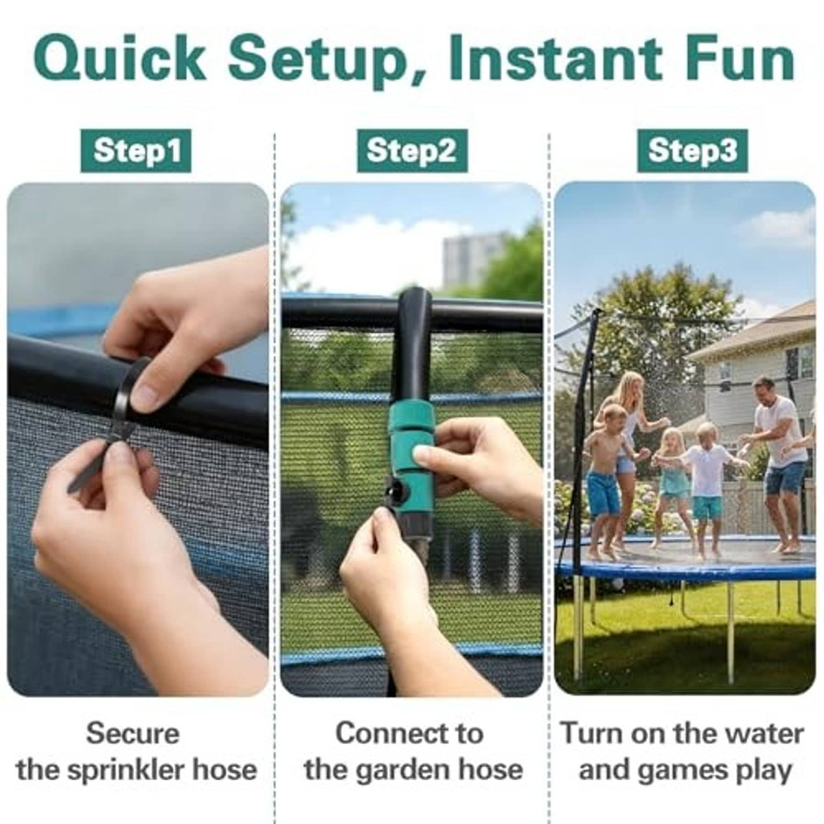 Hands connecting a trampoline sprinkler hose to a valve on the sprinkler line
