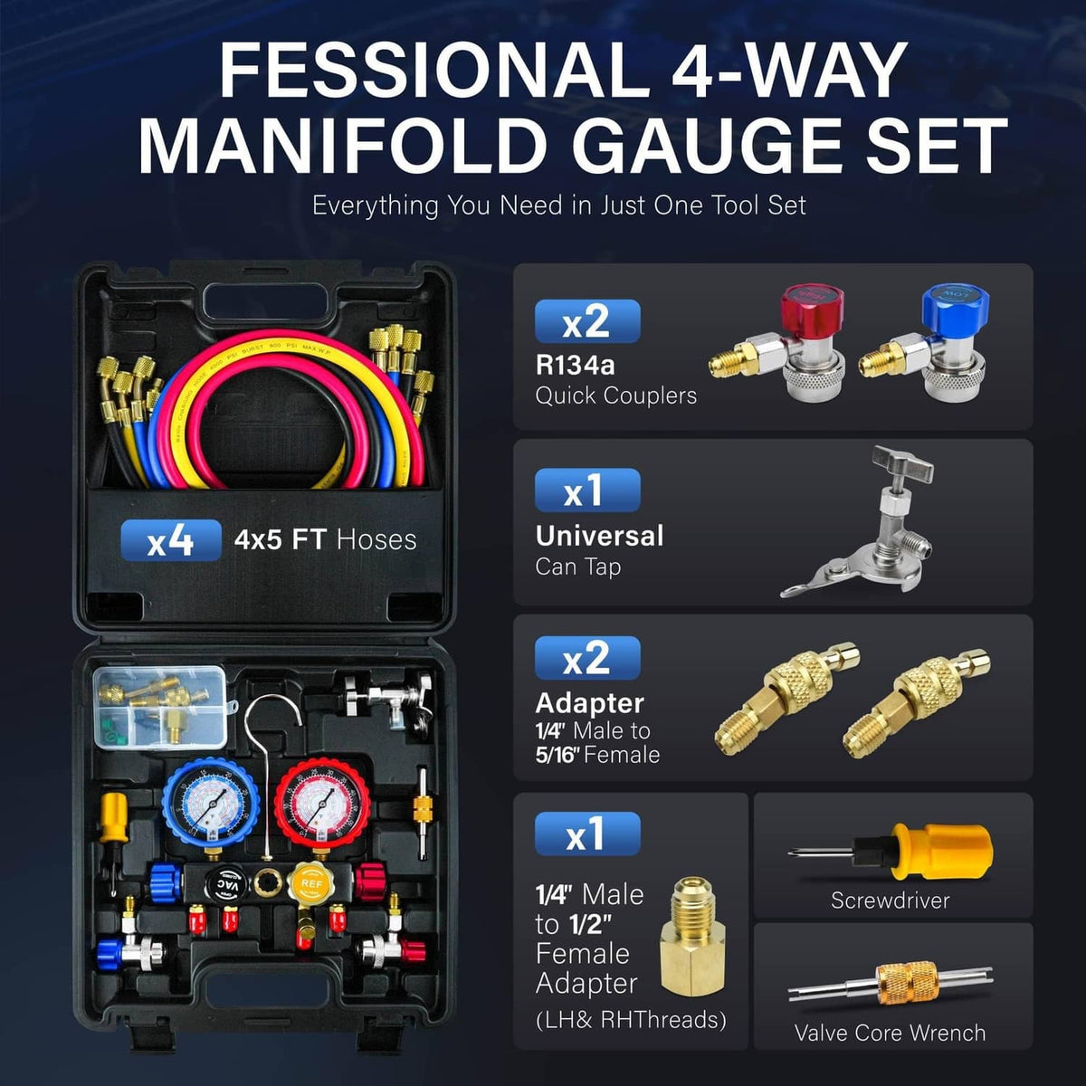 4-way manifold gauge set kit in black case with gauges, hoses, and adapters