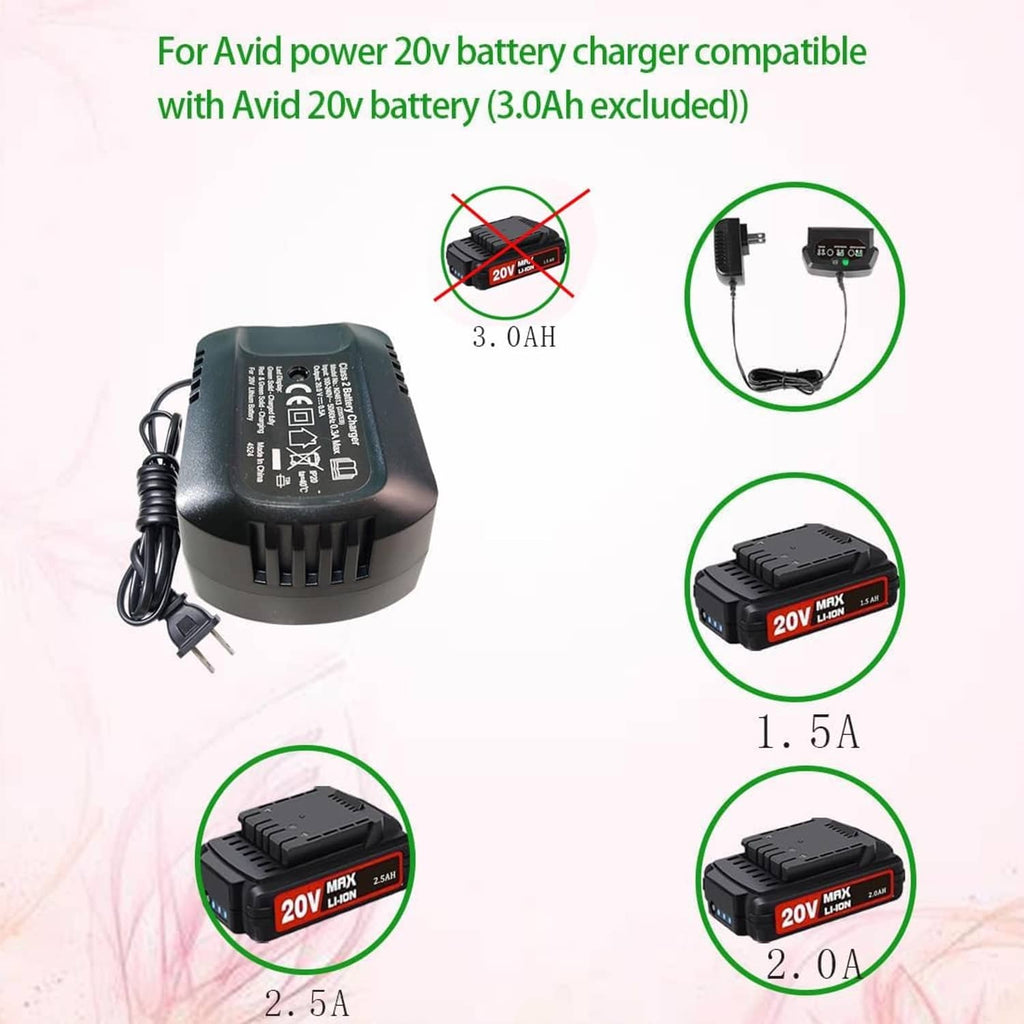 Compact black 20V battery charger with power plug and vented sides
