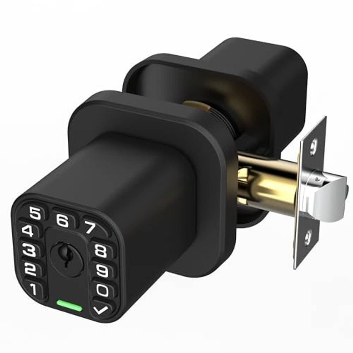 Matte black keypad entry door lock with square handle and latch plate, angled view