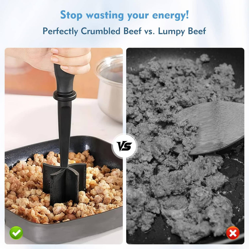 Black meat chopper tool crushing cooked beef in a skillet