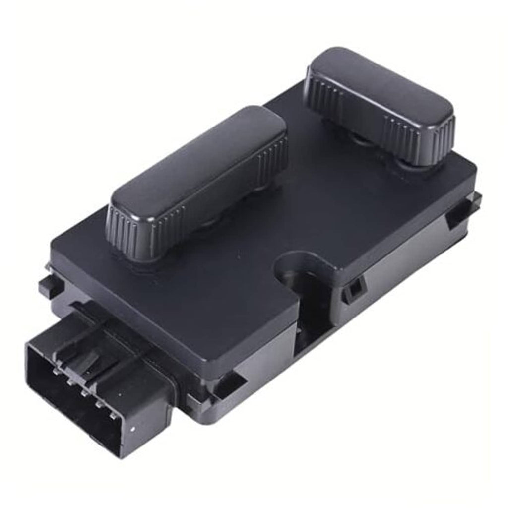 Power seat switch module with two ribbed black rocker controls, dark gray housing