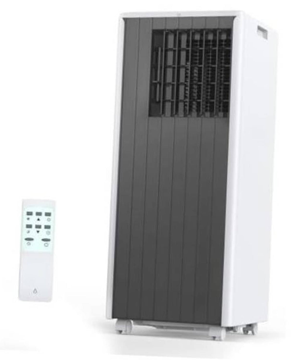 Portable air conditioner with white body and dark front grille, front view.