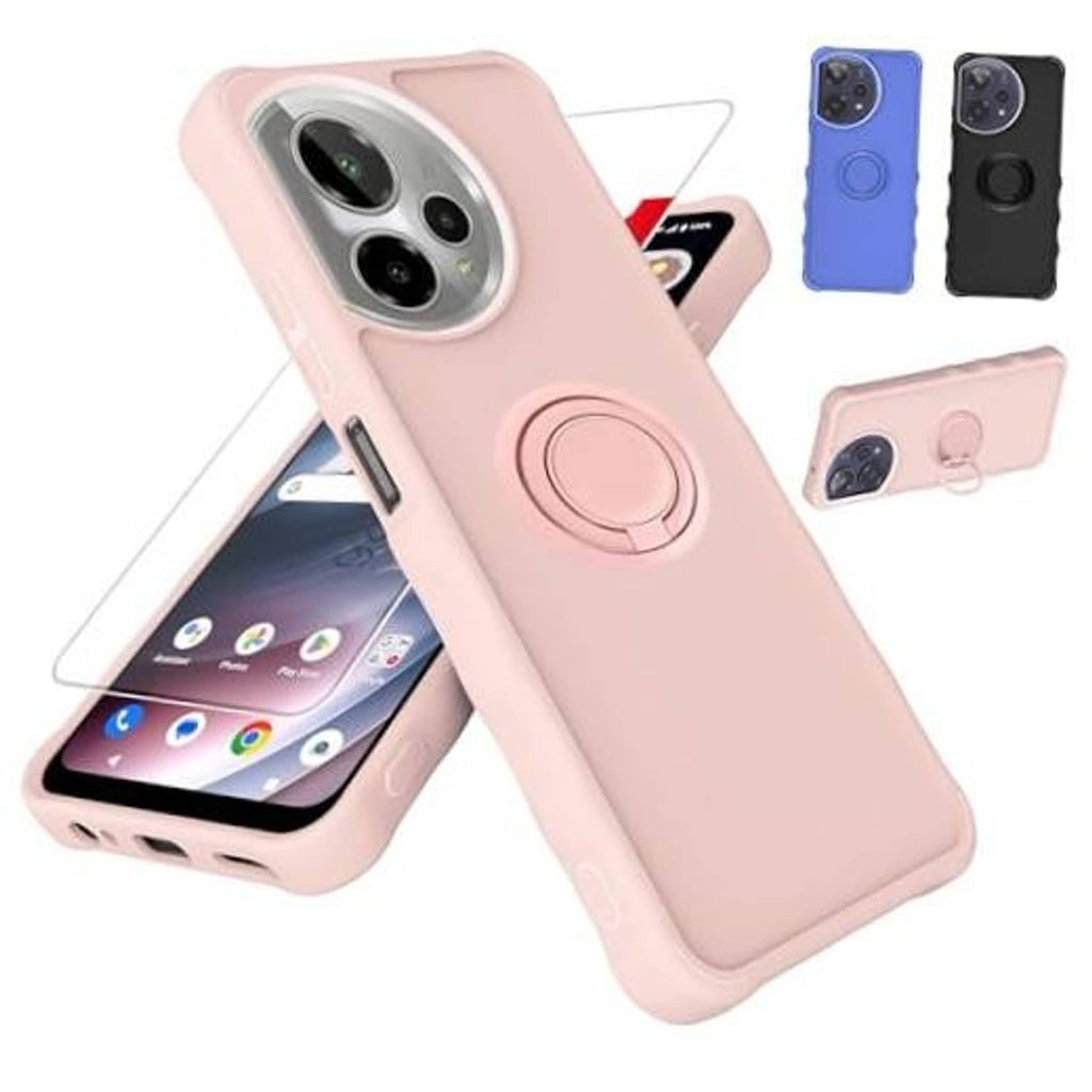 Pink phone case with raised camera-ring design and circular kickstand on back