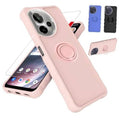 Pink phone case with raised camera-ring design and circular kickstand on back