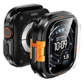 Black rugged metal smartwatch case with orange accents, 49mm screen cover