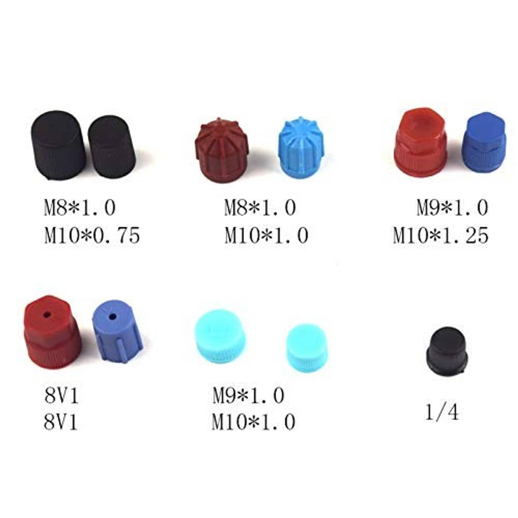 Assorted AC valve core caps in red, blue, and black colors, different head sizes