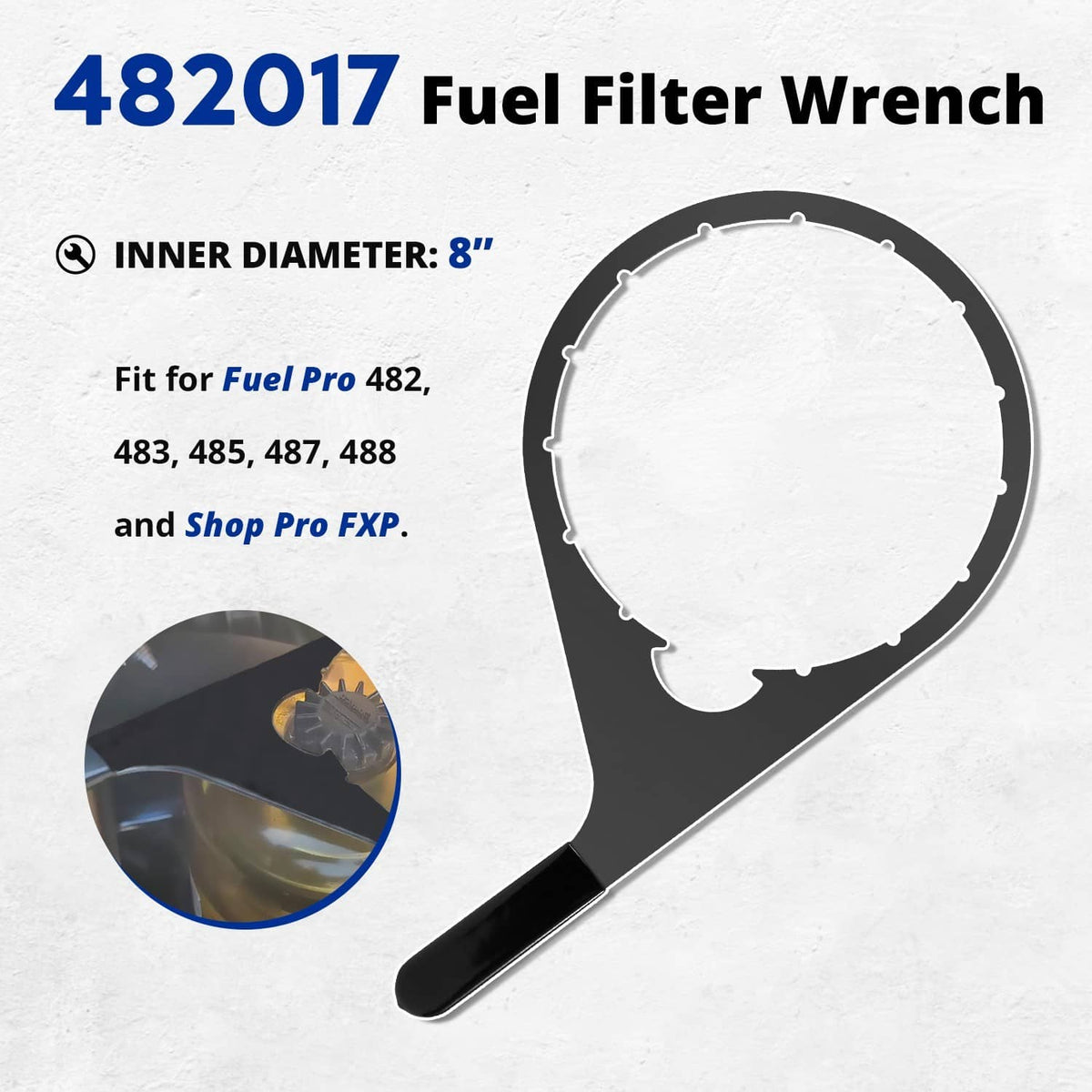 Fuel filter vent cap wrench with black handle and round ring for gripping fuel filter collars