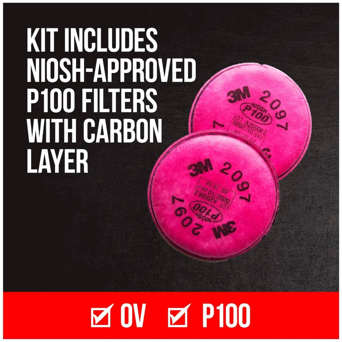 Half-face respirator showing two pink P100 filters with carbon layer