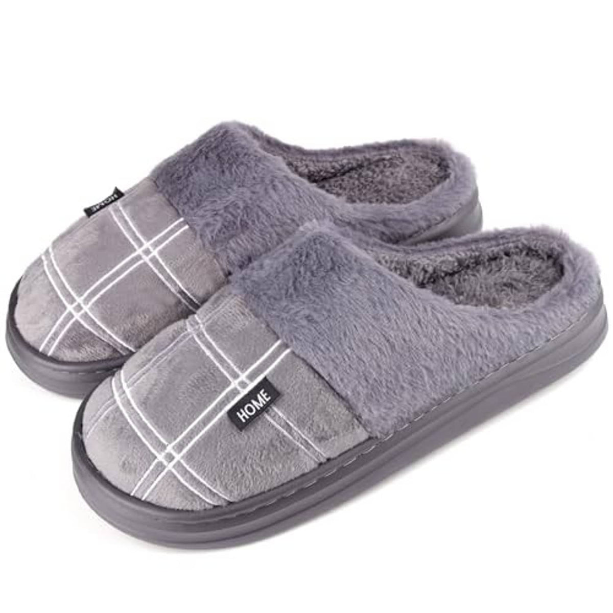 Grey plush slide house slippers with plaid strap and cushioned footbed