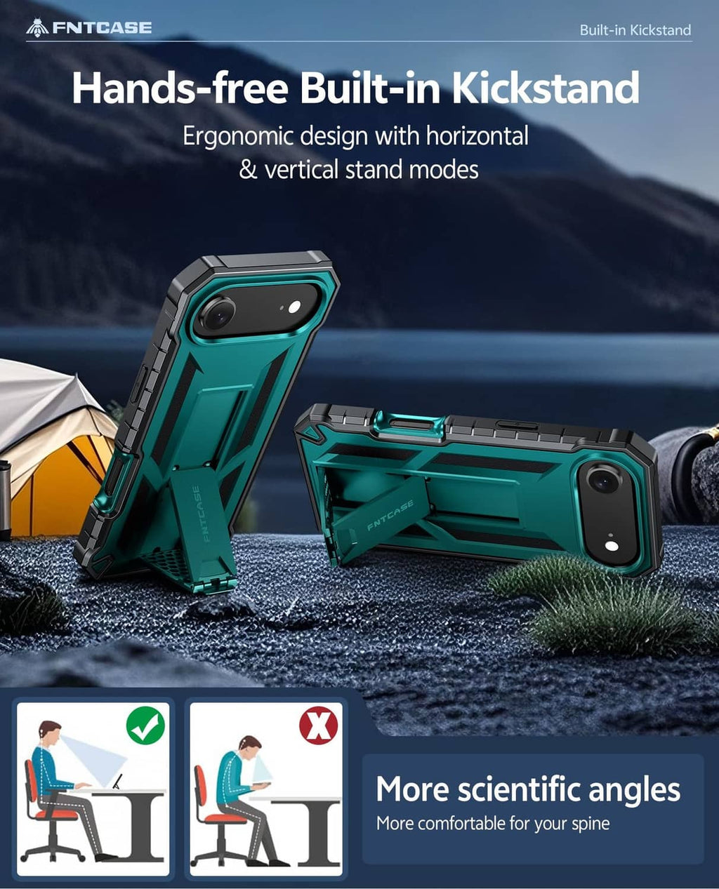 Green iPhone Air 6.5-inch case with built-in kickstand in horizontal stand mode