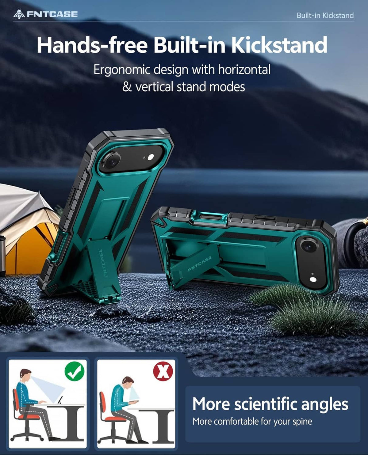 Green iPhone Air 6.5-inch case with built-in kickstand in horizontal stand mode