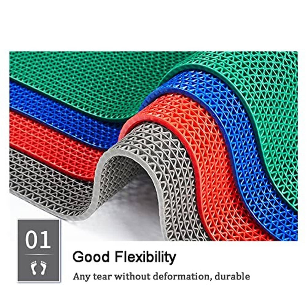 Colored PVC drainage mat segments with raised mesh texture