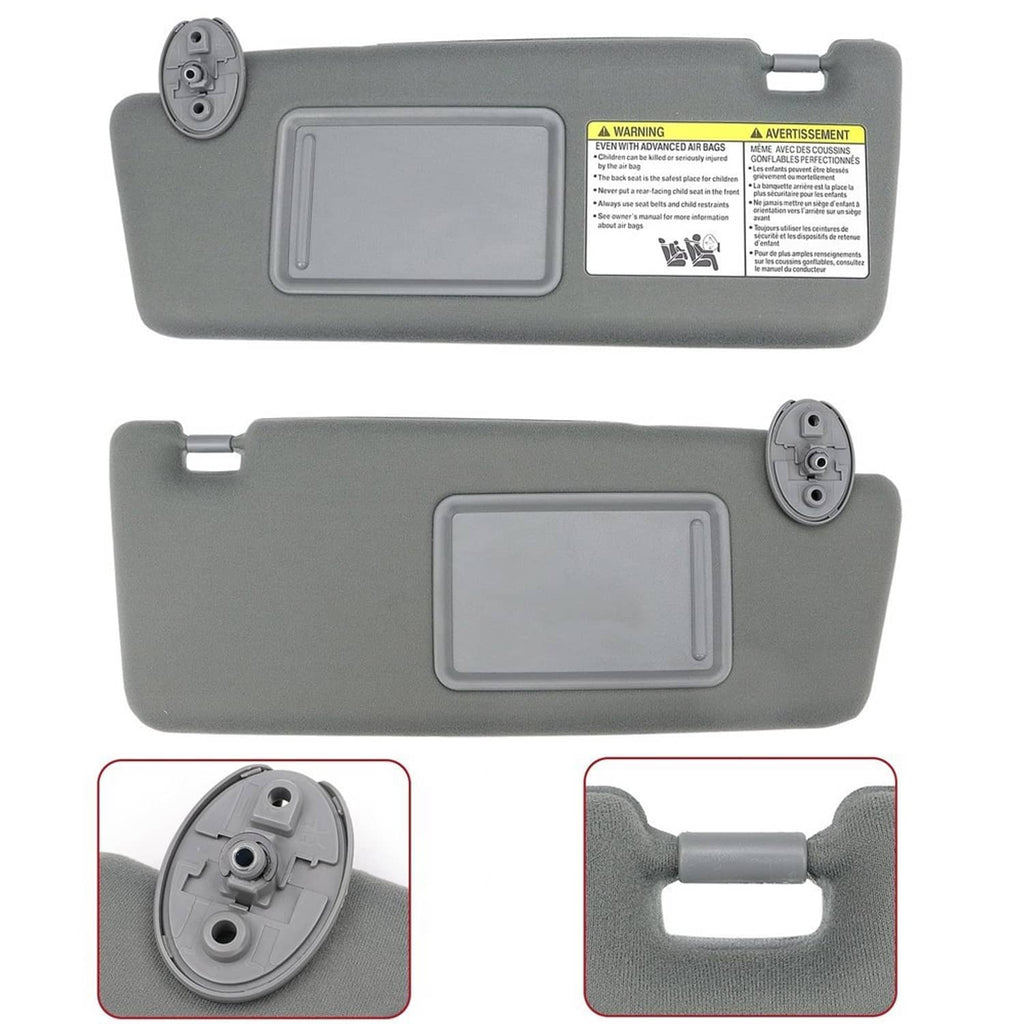 Gray sun visor pair with warning labels and rectangular mirror panels