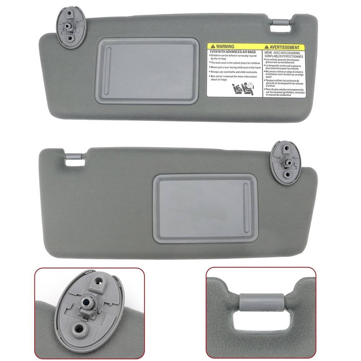 Gray sun visor pair with warning labels and rectangular mirror panels