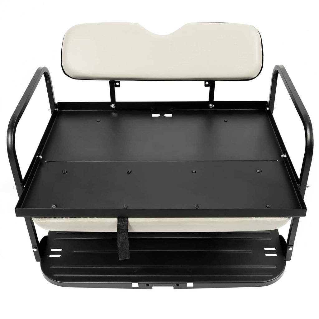 Golf cart flip rear back seat kit with off-white cushions and black storage tray