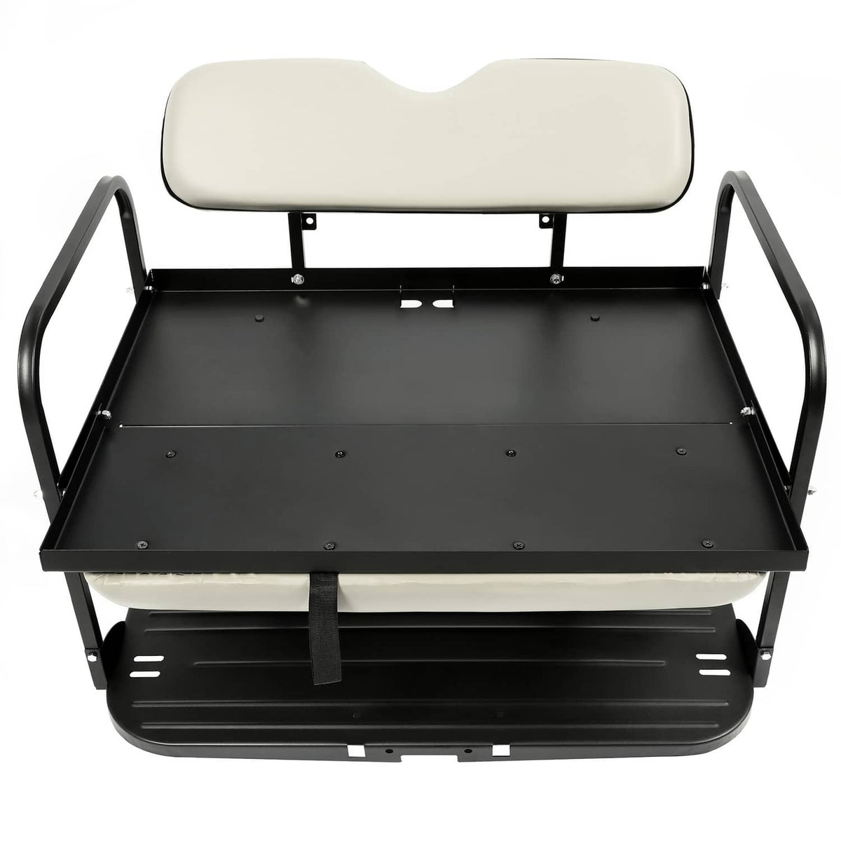 Golf cart flip rear back seat kit with off-white cushions and black storage tray