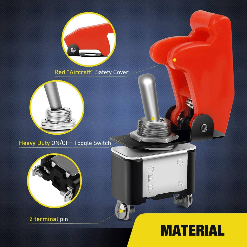 Red safety-cover rocker toggle switch, black housing and silver screw terminals