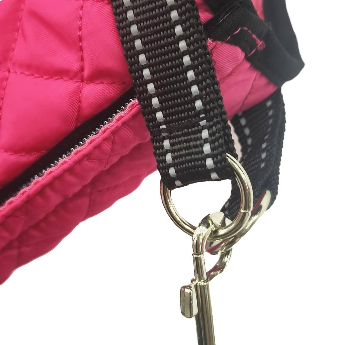 Pink padded lift harness with black webbing strap and shiny metal buckle and rings