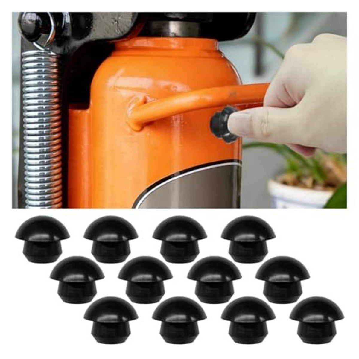 Orange bottle jack with black rubber oil filler plugs set, shown as 12 pieces